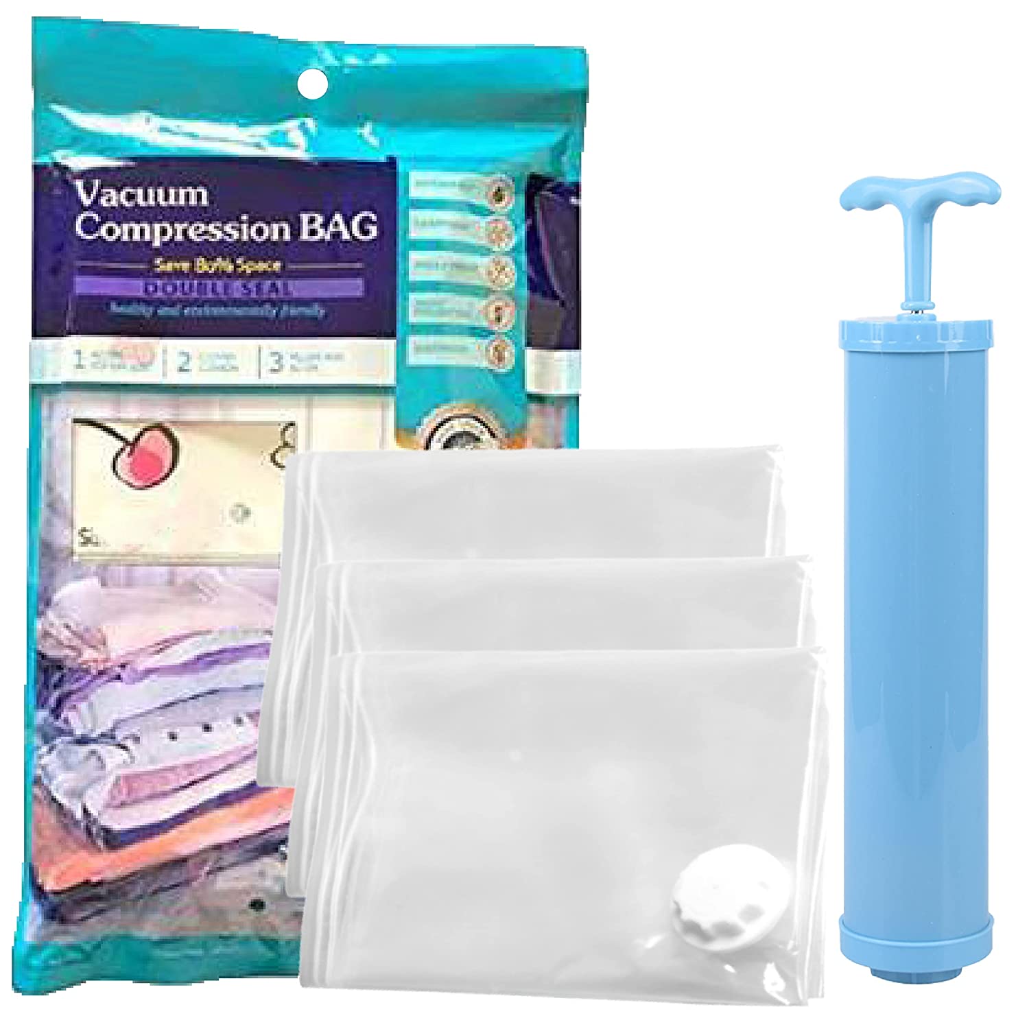 Set of 3, Multi-Size, Vacuum Compression Sealer Bags with Suction Pump
