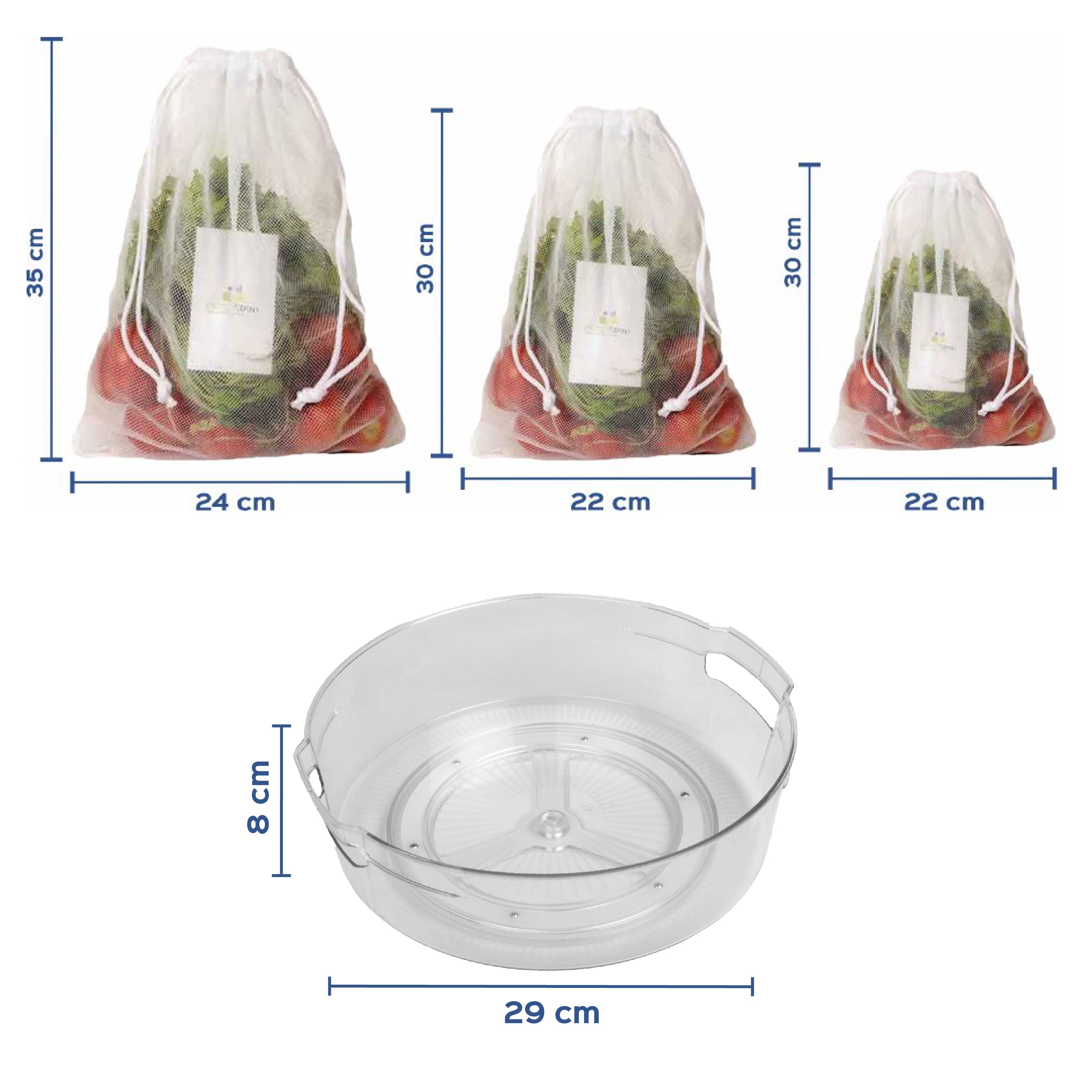 Combo of 1pc of 360° Rotating Multipurpose tray, 12pcs of  Vegetable & Fruits Storing Bags and 1pc of 2 Tier Space Saver Plastic Storage Basket