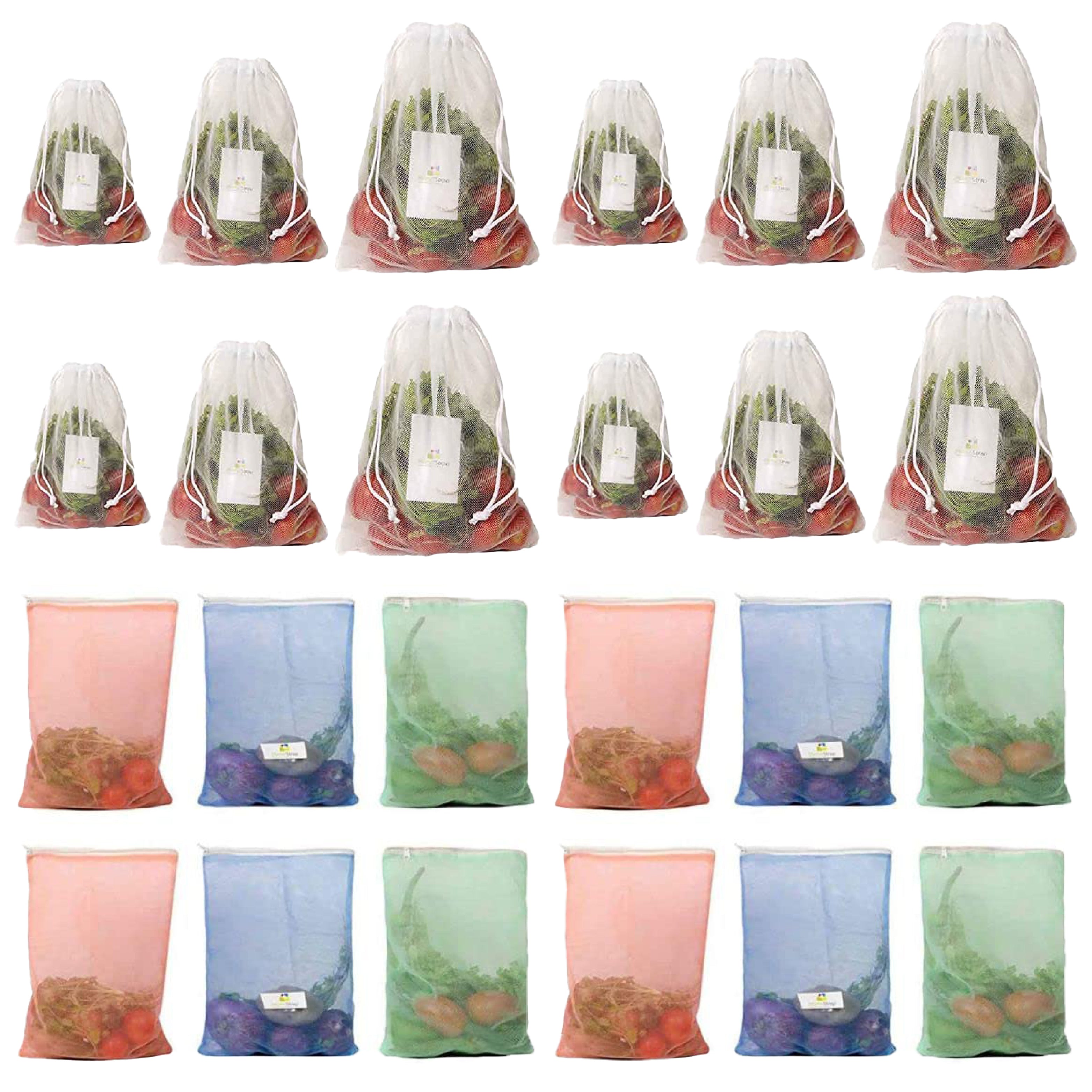 Combo of 12 Reusable Fridge Vegetable bags with Drawstrings and 12 Multicolor Vegetable Pouches with Zipper
