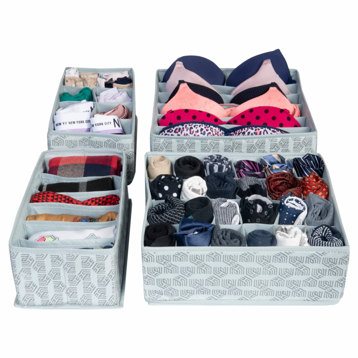 Set of 4, Foldable Storage Box with Divider | Drawer Organizer for Undergarments, Socks, Scarfs & Tie