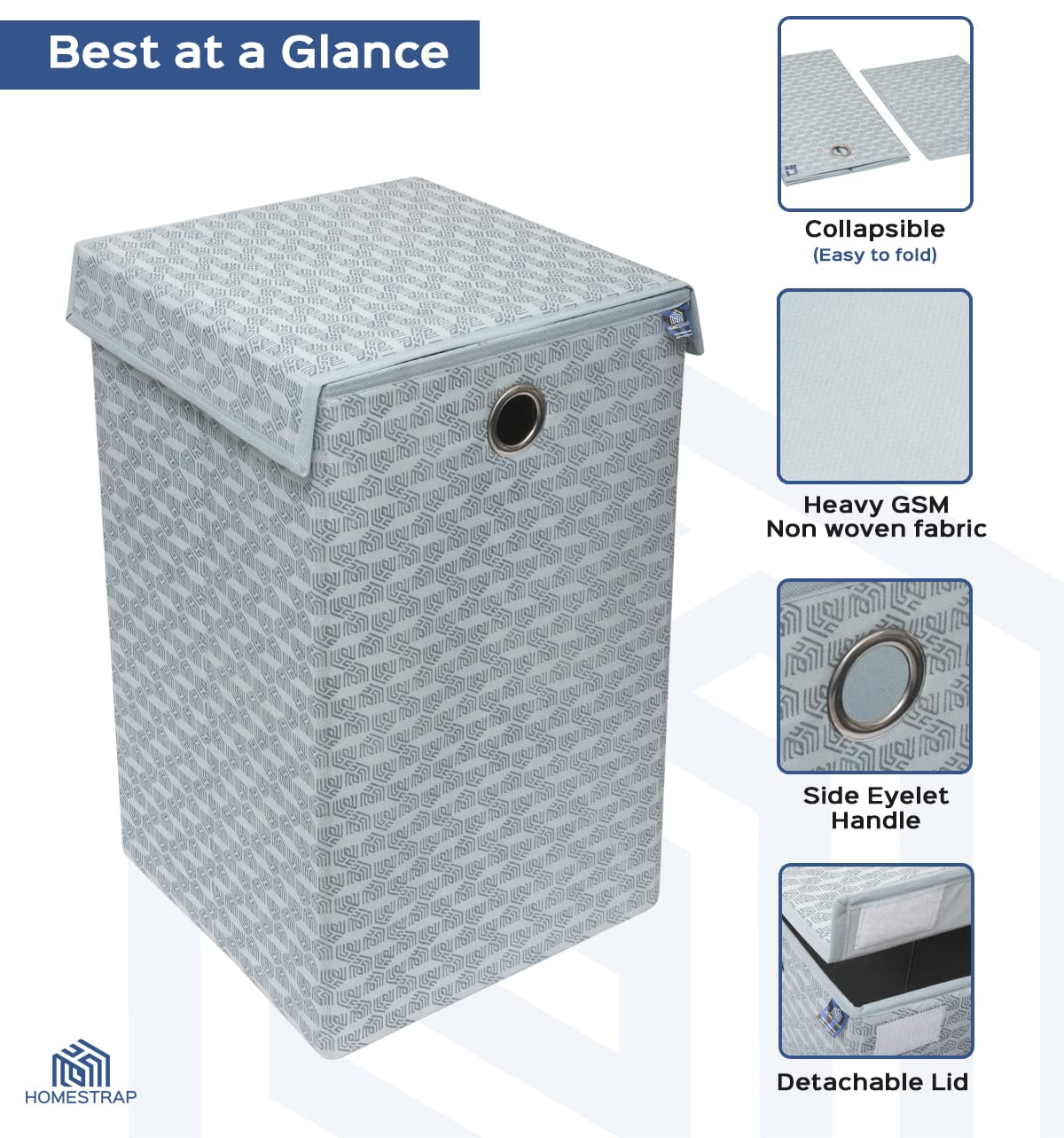 Laundry Basket with Lid Closure | Foldable | Grey - Homestrap
